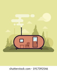 Vector stock glamping concept of comfortable outdoor recreation.  Comfortable camping with camping, camp, wilderness vacation.  Suitable for advertising glamping, country houses and outdoor recreation