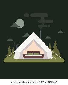 El concepto de glamping vectorial de la recreación al aire libre cómoda.  Cómodo camping con camping, campamento, vacaciones en el desierto.  Idóneo para publicidad glamping, casas de campo y actividades recreativas al aire libre