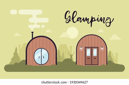 Vector stock glamping concept of comfortable outdoor recreation.  Comfortable camping with camping, camp, wilderness vacation. Suitable for advertising glamping, country houses and outdoor recreation