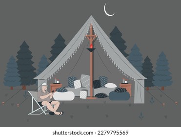 Vector stock glamping concept of comfortable outdoor recreation. Comfortable camping with camping, camp, wilderness vacation. Suitable for advertising glamping, country houses and outdoor recreation