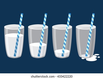 Vector stock of glass of milk with straw in different drinking stages