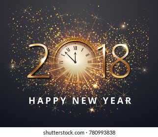 Vector stock Gold 2018 Christmas or New Year celebration premium luxury dark background with clock midnight and gold glittering shine  glitter firework sparkler decoration. Winter celebrate template
