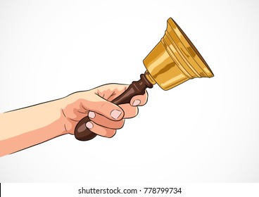 Vector Stock of Gold retro school bell in hand isolated on white