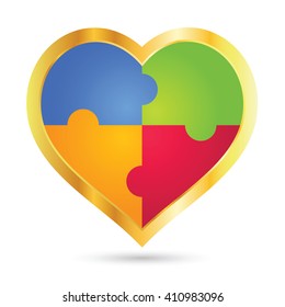 Vector stock of  golden heart shape icon with colorful puzzle inside