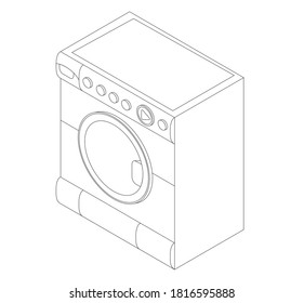 Gráficos vectoriales de una lavadora con botones de arte lineal isométrico. Lavadora como complemento al interior del cuarto de baño.