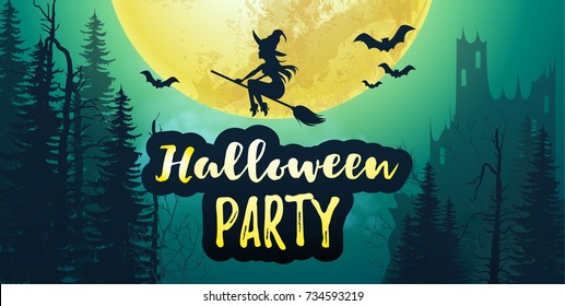 Vector stock Halloween party poster banner with big full moon and dark forest and castle with bats and flying witch in the orange sky. 31 November scary night background  Flyer or invitation template.