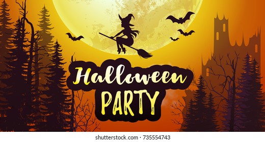 Vector stock Halloween party poster banner with big full moon and dark forest and castle with bats and flying witch in the orange sky. 31 November scary night background  Flyer or invitation template.