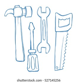 Vector Stock Of Hammer, Wrench, Saw, Screw Driver Tools In Sketch Hand Drawing