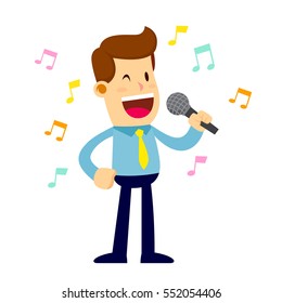 Vector stock of a happy businessman singing while holding a microphone