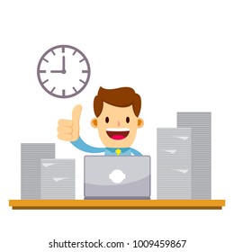Vector stock of a happy businessman working late night overtime using laptop with pile of paperwork