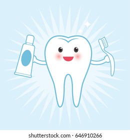 Vector stock of happy smiling tooth character holding toothpaste and toothbrush. Great for logo or mascot