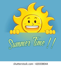 Vector stock of happy sun holding summer time sign
