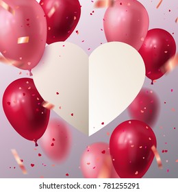 Vector Stock ilustración para el 14 de febrero, el día de la mujer, la invitación de boda cualquier otra tarjeta de amor. Papel blanco cortó el corazón con globos voladores y forma cardíaca confetti. Plantilla de San Valentín