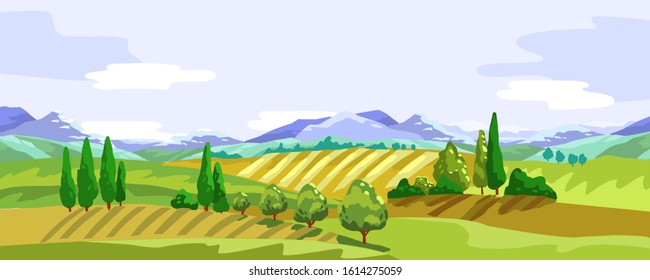 Vector stock horizontal banner with mountains, hills, cypress. Rural landscape with farming fields. Panoramic background in modern cartoon style for posters, advertisements, landing pages.