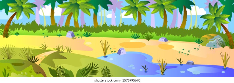 Vector stock horizontal landscape. Jungle background with palm trees, tropical leaves and lake. Panoramic cartoon concept for wallpapers, kids’ products, etc.