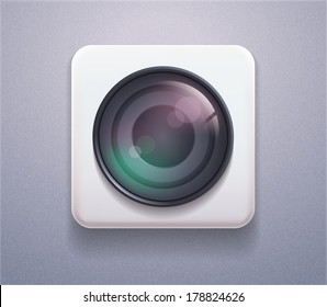 Vector Stock Icon Camera Lens. Realistic Plastic Button 3d For Photo Studio, Instagram, Site Element, Printed Material, Sign, Element, Web Site, Card, Application, Game, Desktop, Laptop, Iphone Screen