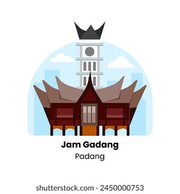 Vector stock icon of Jam Gadang, a famous clock tower located in Padang, Indonesia. The iconic landmark is known for its unique architectural design and historical significance.