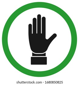 Vector stock icon on a transparent background. A raised hand in a green circle. A symbol of the vows or the symbol "stop".