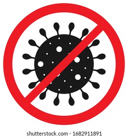 Vector stock icon that prohibits the spread of coronavirus infection (COVID-19). Virus infection inside a red crossed-out circle on a transparent background. A sticker or infographic element.