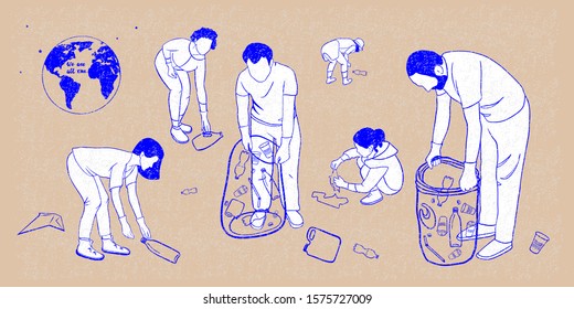 Vector stock illustration about the problem of planet pollution. Image of silhouettes of different ages of people collecting garbage. The call to keep clean and tidy on earth.