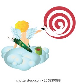 Vector stock illustration. Angel with a brush and a bucket of paint. Draws target.