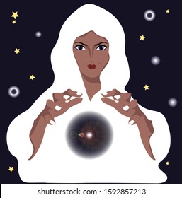 Vector stock illustration art of afro american woman wearing white clothes with white nails and aura magic ball. Astrology predicting future. 