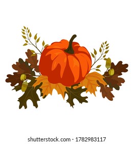 Vector stock illustration of an autumn pumpkin. Cute harvest sticker. Calendar month of November. Red-yellow foliage, acorn fruit, oak and maple leaves. The feast of harvest. Halloween sticker.