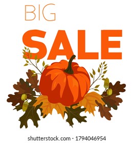 Vector stock illustration of an autumn sale leaflet. Banner with discounts in October. Yellow pumpkin and yellow maple leaves and acorns. Isolated on a white background. Stylish leaves scattered 