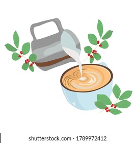 Vector stock illustration of barista cup. This is the process of making moccachino. Hot coffee with milk and foam. Morning dessert. Template for coffee and menu. Isolated on a white background.