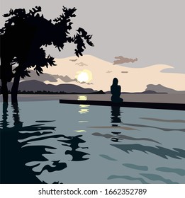 Vector stock illustration of the beach. Postcard about the journey of the travelers and the sea. At sunset, the silhouette of a girl is sitting looking into the distance over the horizon. Admires the 