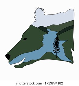 Vector stock illustration of a bear. The head of the predator. Forest river journey. Template for t-shirt sticker. Logo for environmental protection. Expedition. Snarling face. A wild beast