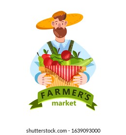 Vector stock illustration with bearded farmer in a hat holding a basket with fruit and vegetables. Hipster male character in cartoon flat style with ribbon for markets and shops logos, labels