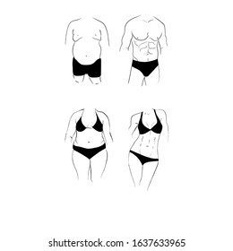 Vector stock illustration of before and after weight loss process, male and female figures. Black and white cartoon style art. Panties and bikini.