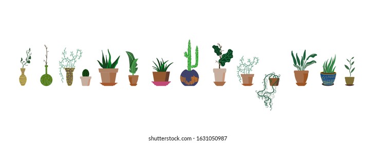 Vector stock illustration of big set with plants in clay pots. Flat cartoon art, for network, poster.