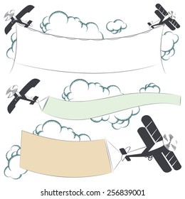 Vector stock illustration. Biplane aircraft pulling advertisement banner