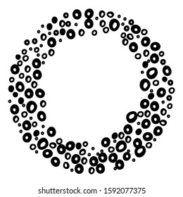Vector stock illustration of black circle frame. Border with small doodle round elements in random order. Template for lettering, text.