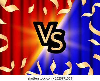 Vector stock illustration. Blue and red  closed curtains background for competition. Versus letters.