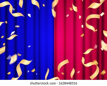 Vector stock illustration. Blue and red closed curtains background for competition.