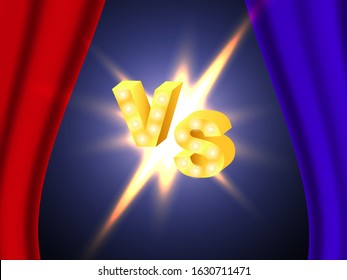 Vector stock illustration. Blue and red opened curtains background for competition. Versus letters.