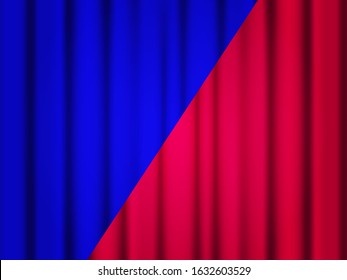 Vector stock illustration. Blue and red closed curtains background for competition.