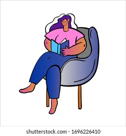 Vector stock illustration with body positive with book sitting in an armchair. Female hand drawn character in cartoon style isolated on white. Free time quarantine concept