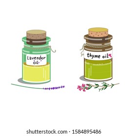Vector stock illustration bottle of thyme and lavender essential oil. Herbal medical design. Closed by cork, with inscription sticker. Aromatherapy, spa procedure.