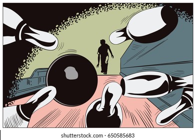 Vector stock illustration. Bowling ball crashing into the pins.