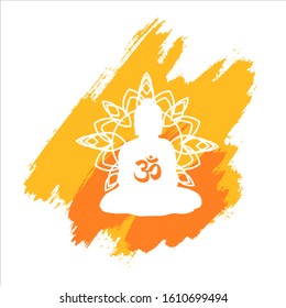 Vector stock illustration with Buddha silhouette, “om” symbol, brushstrokes and ethnic ornament isolated on white. For logos, labels, stickers, prints, posters and postcards.