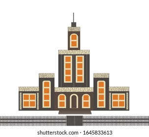 Vector stock illustration. Building in brown tones with yellow-orange windows on a white background