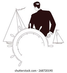 Vector stock illustration. Captain at helm of yacht looking at other sailboats