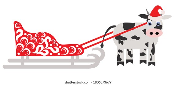 Vector stock illustration of a cartoon bull in a red cap harnessed to a painted Santa Claus sleigh on a white background.
