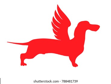 Vector stock illustration of cartoon character dog talisman, phylactery hound, mascot pooch, dachshund sticker German badger-dog angel. Winged dog. The logo symbol, the red dog.