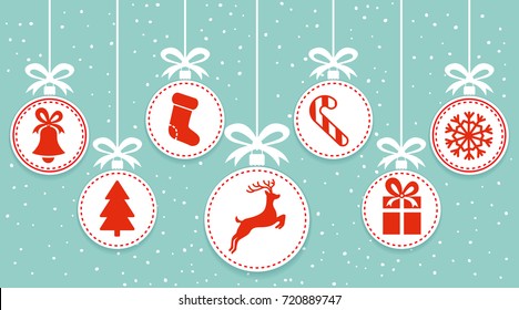 Vector stock illustration of christmas white ball with new year icons isolated on blue background with snowfall. Vintage vector Christmas card. Seamless pattern with Christmas balls. 