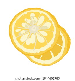 Vector stock illustration of a citron. Yellow sour citron fruit ripe cut into pieces with mint leaves. Lemon, lime, Mandarin, orange, citrus fruit and watercolor greens. Isolated on white background.